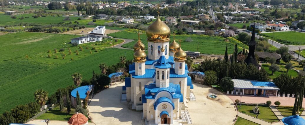 Apostle Andrew Church Episkopeio with golden domes in Tamassos, Cyprus near the Cyprus Planetarium