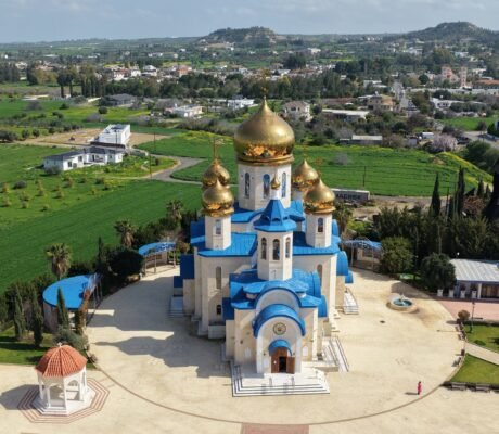 Apostle Andrew Church Episkopeio with golden domes in Tamassos, Cyprus near the Cyprus Planetarium