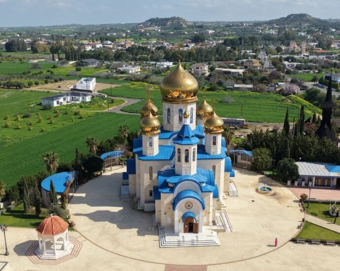 Apostle Andrew Church Episkopeio with golden domes in Tamassos, Cyprus near the Cyprus Planetarium