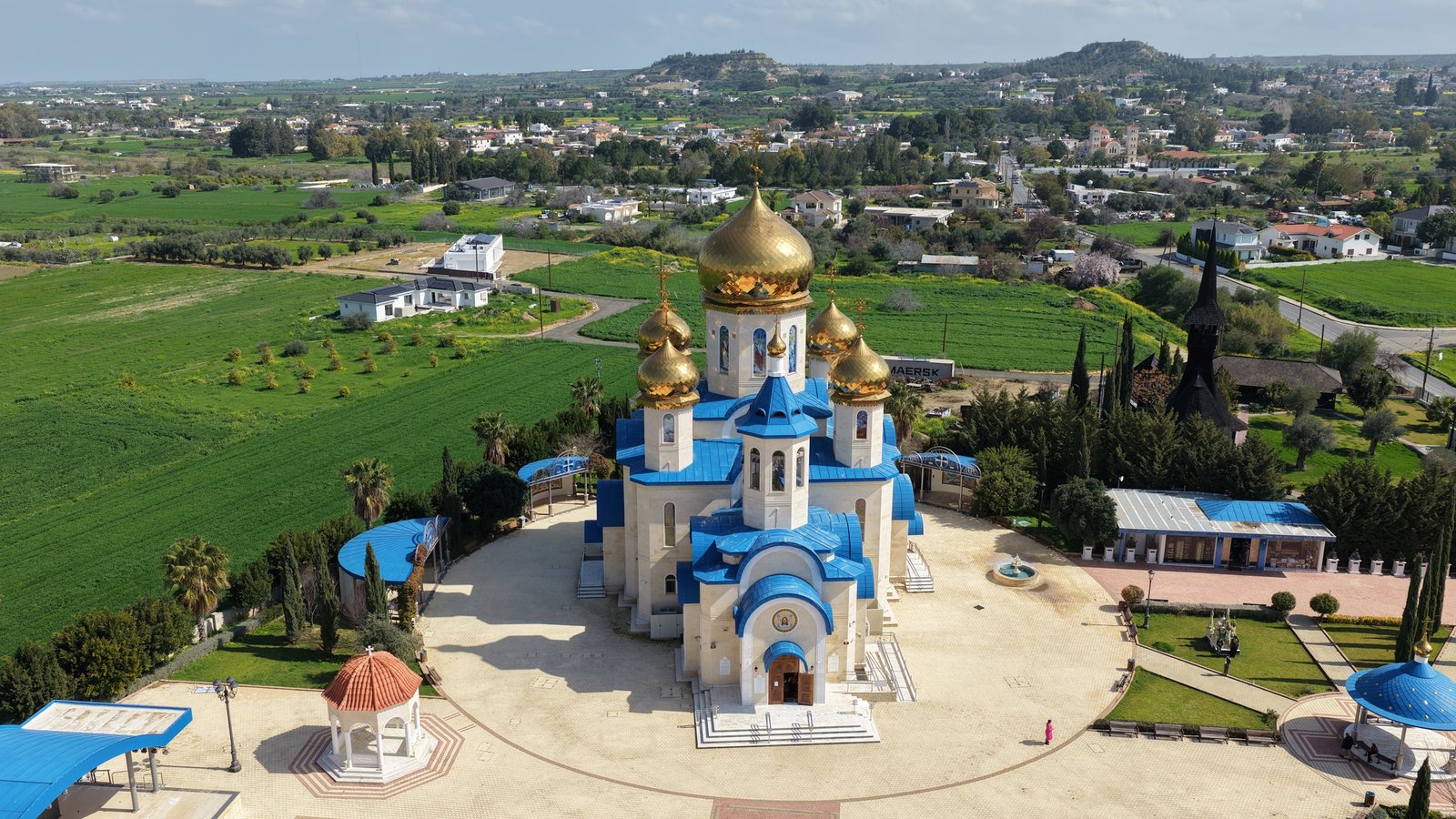 Apostle Andrew Church Episkopeio with golden domes in Tamassos, Cyprus near the Cyprus Planetarium