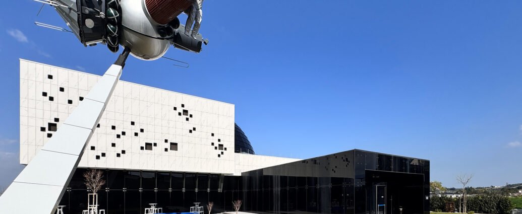 Cyprus Planetarium Episkopeio exterior with space rocket sculpture in Tamassos near Nicosia