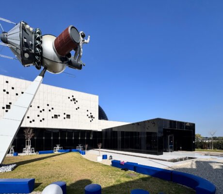 Cyprus Planetarium Episkopeio exterior with space rocket sculpture in Tamassos near Nicosia