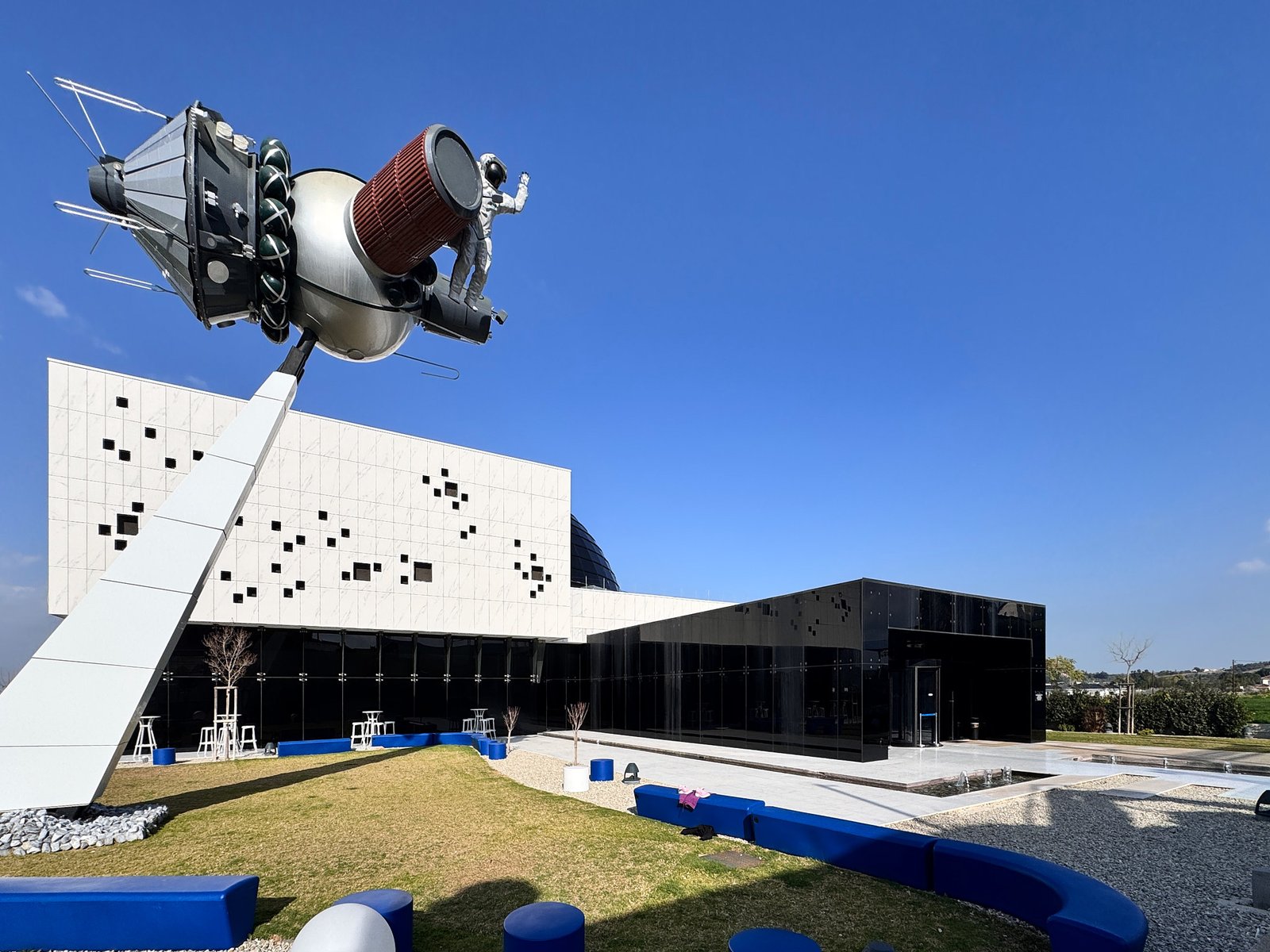 Cyprus Planetarium Episkopeio exterior with space rocket sculpture in Tamassos near Nicosia